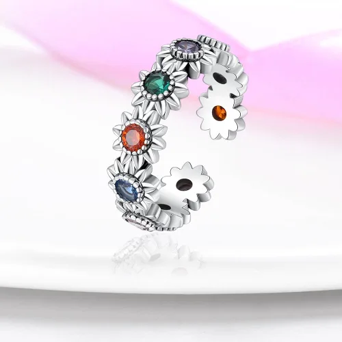 Vista 2 de Anillo de plata de ley 925 con extremo abierto, tallado, colorido, circonita, flor y pluma, anillo ajustable de plata esterlina