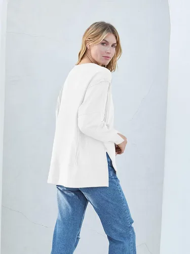 Vista 3 de MEROKEETY Sudadera holgada casual de manga larga tipo farol para mujer, cuello redondo, abertura lateral, 2023