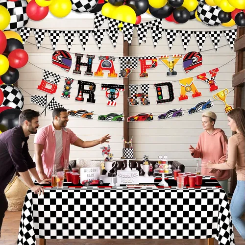 Vista 7 de WNINK Manteles con temática de auto de carreras, cartel de feliz cumpleaños, mantel rectangular de carreras, kit de decoración de fiesta de auto