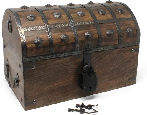 Vista 10 de Nautical Cove - Cofre del tesoro pirata hecho a mano para niños, premios y aula con cerradura y llaves de esqueleto – Caja de almacenamiento