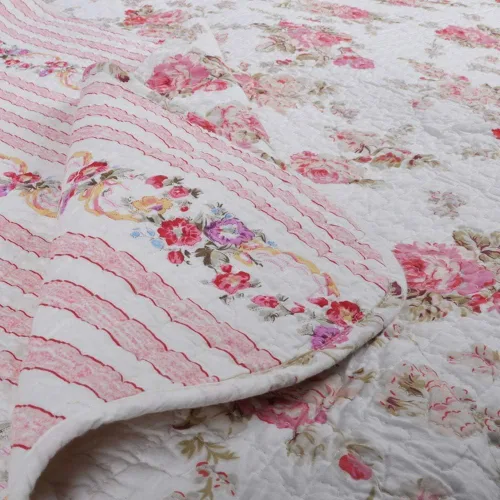 Vista 7 de Juego de ropa de cama edredón de algodón de 3 piezas tamaño Queen, estilo cottage romántico con peonías rosa melocotón shabby chic chintz floral a