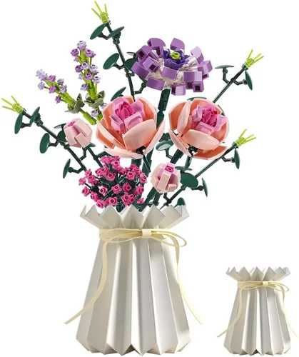 Vista 7 de Chodia Bloques de construcción de ramo de flores, clavel rosa artificial, colección botánica, juegos de ladrillos, kits de Navidad, cumpleaños