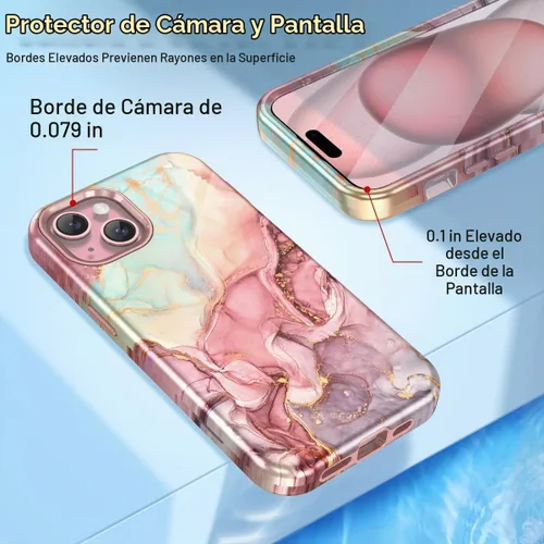 Vista 4 de Btscase Funda para iPhone 15 de 6.1 pulgadas (2023), patrón de mármol 3 en 1, resistente a prueba de golpes, cuerpo completo, policarbonato A-oro