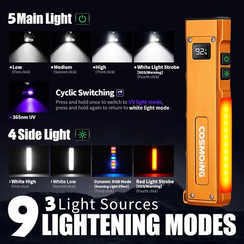Vista 2 de Linterna EDC recargable, linterna plana de 1800 lúmenes, 9 modos con modos LED blanco/UV/RGB, luces de bolsillo magnético con clip para campamento