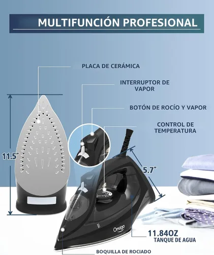Vista 2 de OMAIGA Plancha de vapor para ropa, plancha de 1500 W con calentamiento rápido, suela de cerámica antiadherente, ráfaga de vapor, autolimpieza