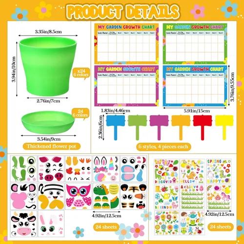Vista 3 de Capoda Juego de 24 macetas de jardín, kit de manualidades, macetas de plástico de primavera para vivero con calcomanías, tablas de crecimiento