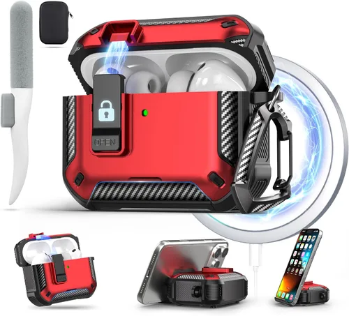 Vista 25 de Maxjoy Funda para AirPods Pro 3 2025, MagSafe compatible con bloqueo automático, funda protectora a prueba de golpes con soporte para teléfono