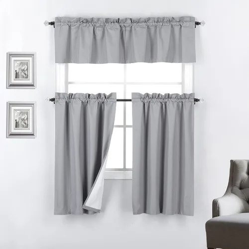 Vista 8 de Rooney - Juego de 3 cortinas opacas con respaldo térmico para ventana de cocina (negro)