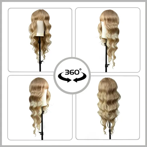 Vista 4 de Peluca rubia con flequillo de 26 pulgadas de largo, rizada, ondulada para mujer, pelucas rubias degradadas con flequillo, aspecto natural, pelucas