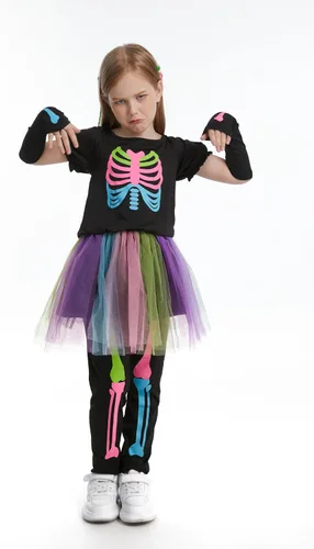 Vista 3 de LMYOVE Disfraz de esqueleto para niñas que brilla en la oscuridad, huesos punk, vestido tutú de Halloween para niños, juego de disfraces de lujo