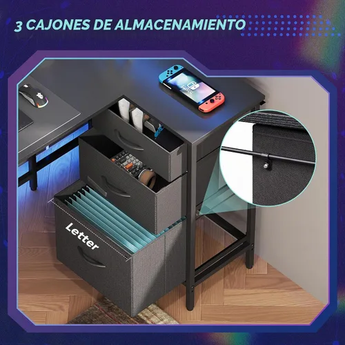 Vista 4 de DEVAISE Escritorio para juegos en forma de L de 48 pulgadas con cajones y almacenamiento, escritorio de esquina con luces LED, tomas de corriente