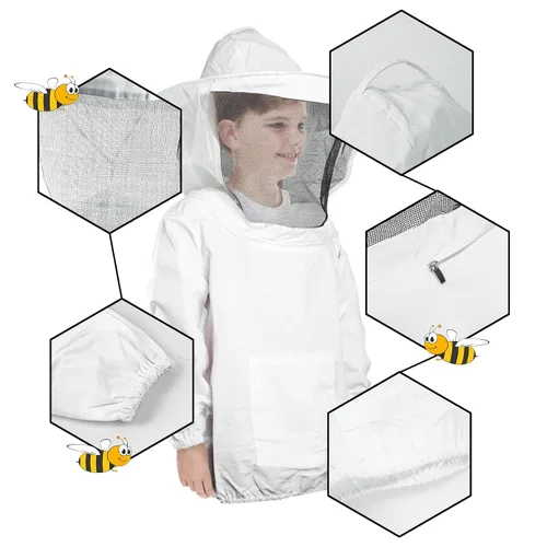 Vista 5 de Luwint Chaqueta y guantes de apicultura para niños, velo ventilado, traje de abeja para niños, chaqueta protectora de apicultor con guantes