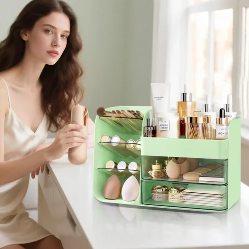 Vista 3 de 2026 Organizador de maquillaje de encimera con cajones, organizador de cosméticos con soporte de brochas de viaje, organizador de cuidado de la piel