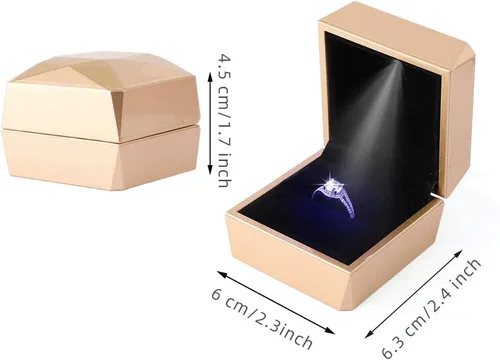 Vista 4 de iSuperb Caja de anillo de compromiso cuadrada con caja de luz LED, caja de regalo para propuesta, aniversario de boda (dorado)