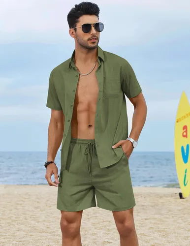 Vista 2 de COOFANDY Conjunto de lino de 2 piezas para hombre, camisa casual de manga corta y conjunto de playa corto