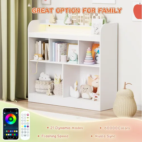 Vista 6 de Lkeiyay Estantería abierta para niños, organizador de juguetes Montessori con luces LED, estantería abierta de madera blanca para niños, dormitorio