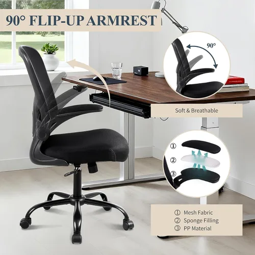 Vista 7 de Flysky Silla ergonómica de escritorio para oficina en casa, soporte lumbar, silla giratoria de malla transpirable para computadora con ruedas y Negro