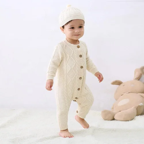Vista 4 de Conjunto de suéter de punto tipo romper para bebé recién nacido niño de algodón de manga larga con gorros cálidos de invierno para niños Set beige.