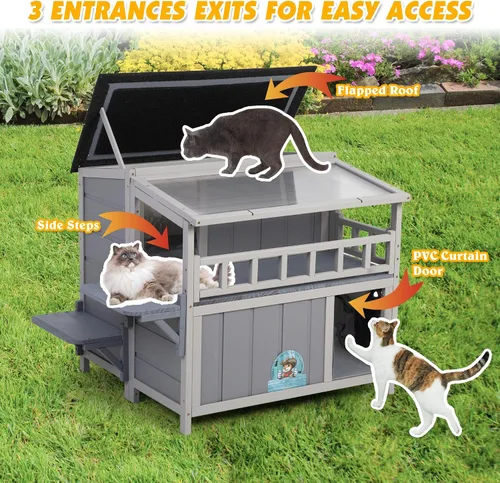 Vista 6 de Refugio para gatos de madera cálida de 2 niveles con techo de luz solar, casa para gatos al aire libre, balcón, plataformas de salto, recinto