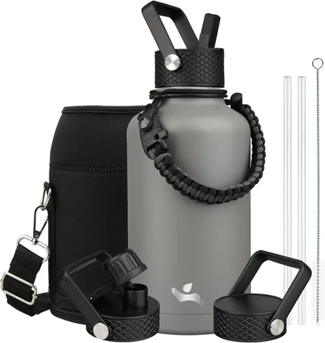 Vista 60 de Konokyo - Botella de agua aislada de 18 onzas, botellas deportivas de acero inoxidable con 3 tapas, verde militar