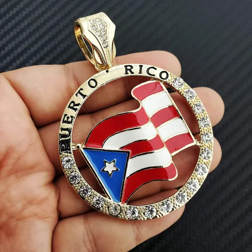 Vista 4 de Colgante de medalla de la bandera de Puerto Rico chapado en oro y 0512in 16 18 20 24 cadena cubana helada Bling Hip Hop collar