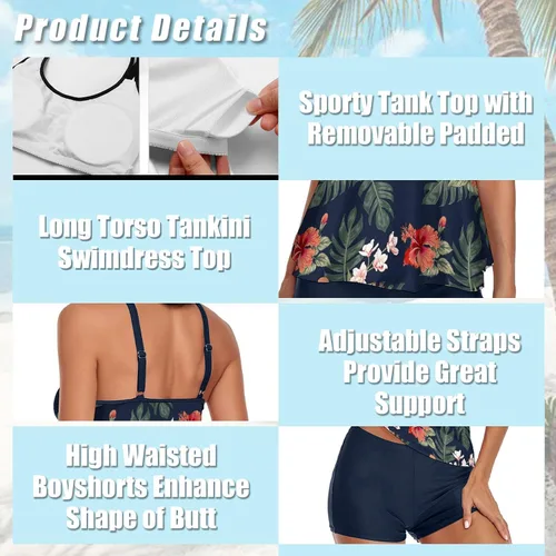 Vista 3 de Urchics - Traje de baño 2023, para mujer, tankini de dos piezas, con control de abdomen, camiseta fluida sin mangas, con short