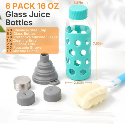 Vista 2 de [Usado] Sursip 16 oz Glass Juice Bottles with Lids, 6 Pack Reusable Clear Glass, Silicone Sleeves and Straws, Leakproof, For Juicing, Smoothies