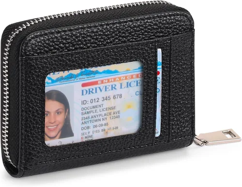 Vista 14 de FALAN MULE Cartera de Cuero para Tarjetas de Crédito con Bloqueo RFID Pequeña para Mujeres con Muñequera, Azul claro, Vintage