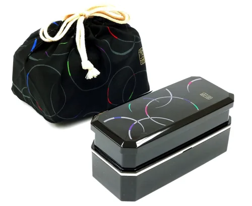 Vista 4 de OSK - genial lonchera japonesa Bento con bolsa, cuerda de amarre y palillos, color negro