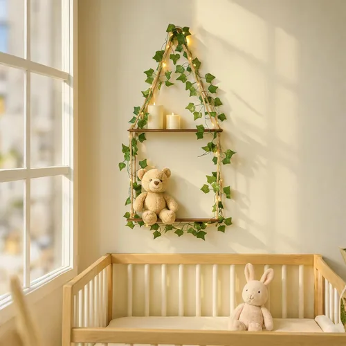 Vista 3 de Artilady Estante colgante de pared de macramé con luz de hiedra artificial para almacenamiento Estantes de madera ajustables de 2 niveles