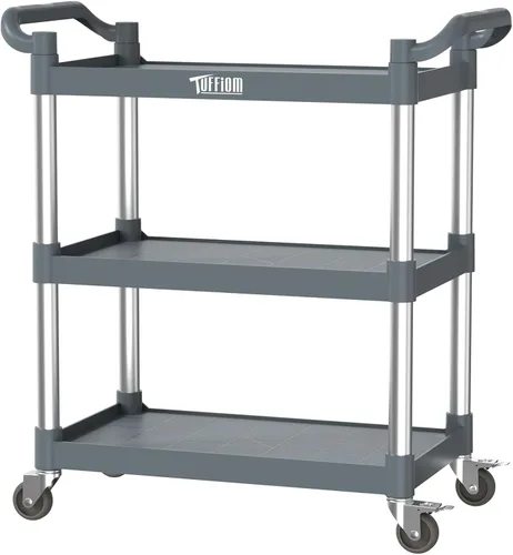 Vista 18 de TUFFIOM Carrito de servicio de plástico de 3 niveles con ruedas, resistente capacidad de 390 libras, rodante comercial, ideal para restaurantes