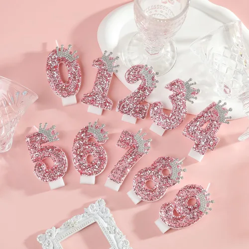 Vista 5 de PHD CAKE Velas con números de cumpleaños, velas de cumpleaños de corona rosa para pastel, velas con purpurina número 0 con lentejuelas para niñas