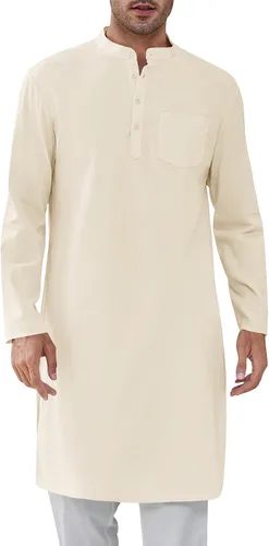 Vista 10 de Bata de caftán para hombre, con botones, manga larga, estilo Henley, de algodón, casual, con abertura lateral Blanco