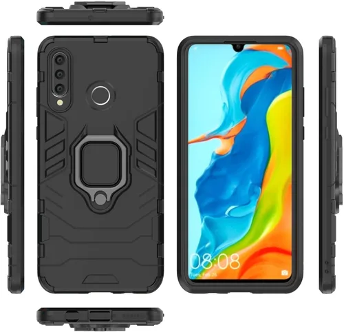 Vista 5 de Compatible con Huawei P30 Lite, soporte de anillo de metal a prueba de golpes (funciona con soporte magnético para automóvil), funda resistente