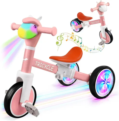 Vista 10 de Bicicleta de equilibrio para niños y niñas, triciclo para niños pequeños de 1 a 5 años, triciclo para niños pequeños con luz y música frontal