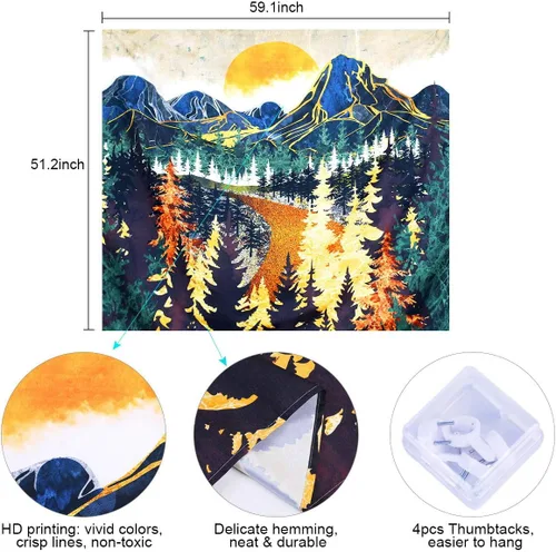 Vista 6 de SENYYI Tapiz colgante de pared de montaña, arte de árboles del bosque, puesta de sol, camino en la naturaleza, paisaje, decoración del hogar