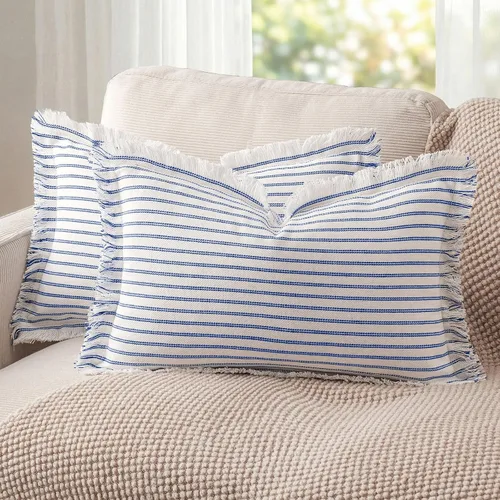 Vista 23 de Fundas de almohada ZWJD de 16 x 16 pulgadas, juego de 2 fundas de almohada a rayas con borlas, fundas de almohada de algodón chic, fundas de cojín
