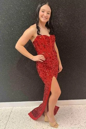 Vista 7 de Vestidos de fiesta de lentejuelas brillantes para mujer, vestido largo de noche de sirena 2024, sin tirantes, vestido de baile formal con purpurina