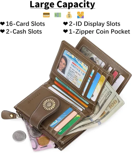 Vista 2 de SENDEFN Carteras pequeñas para mujer, con bloqueo RFID, de cuero, plegable, tarjetero con ventana de identificación, (4-brown), Cartera pequeña