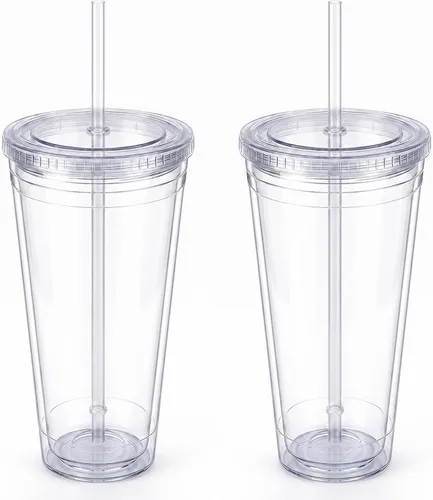 Vista 12 de Zukro Vaso acrílico transparente con pajita y tapa de 32 oz, vaso de plástico reutilizable aislado de doble pared para café helado, vaso para llevar
