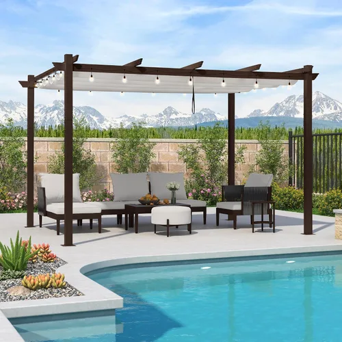 Vista 8 de PURPLE LEAF - Pérgola retráctil de 10 x 13 pies para exteriores, pérgola de aluminio blanco con toldo parasol para patio, refugio moderno marrón