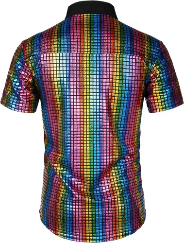 Vista 3 de JOGAL Men's 70s Costume Rainbow Sequins Disco Party Dress Short Sleeve Button Down Shirts