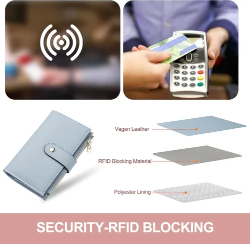 Vista 5 de yiijay Cartera para mujer con bloqueo RFID, de cuero vegano, triple pliegue, tarjetero para tarjetas de crédito, cartera de viaje con soporte
