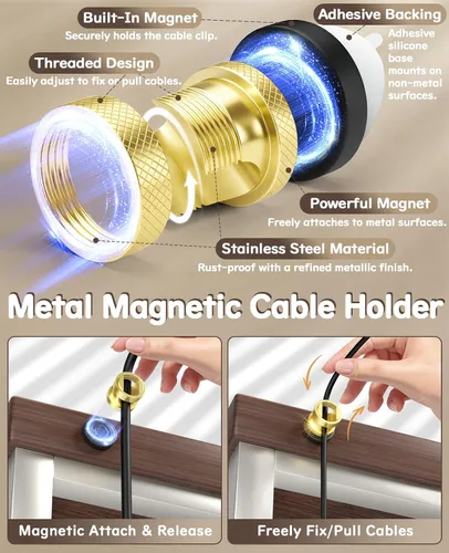 Vista 7 de Soporte magnético para cables, clips de gestión de cables de metal de alta calidad, anclaje de cable magnético para escritorio, mesita de noche