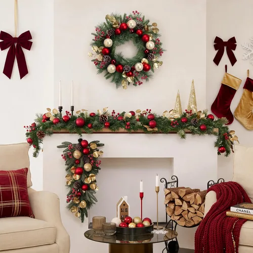 Vista 3 de Valery Madelyn Red Gold Christmas Teardrop Swag Decoration with Lights Rojo dorado