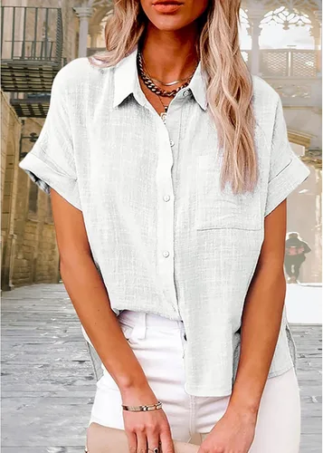 Vista 2 de Mayntop Camisas de lino de algodón para mujer, color sólido, de gran tamaño, cuello abotonado, camiseta holgada