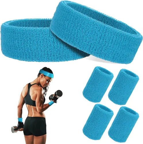 Vista 8 de ASTER Juego de 6 muñequeras para la cabeza, incluye 2 diademas deportivas y 4 pulseras deportivas a rayas coloridas para hombres y mujeres