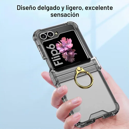 Vista 2 de Funda transparente para Samsung Galaxy Z Flip 6, protección de bisagra de lujo con soporte de anillo y protector de pantalla, funda suave todo Negro