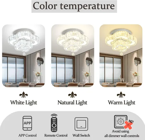 Vista 3 de Flashing God Mini Candelabros de Cristal de 12'' de Diámetro Plateados Lámpara de Techo LED Moderna de Montaje Empotrado con Cristales Lámpara