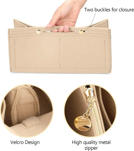 Vista 4 de LEXSION Organizador de fieltro para bolso, organizador de bolso con bolsillo desmontable con cremallera para ONTHEGO PM, 3 tamaños 8034, beige